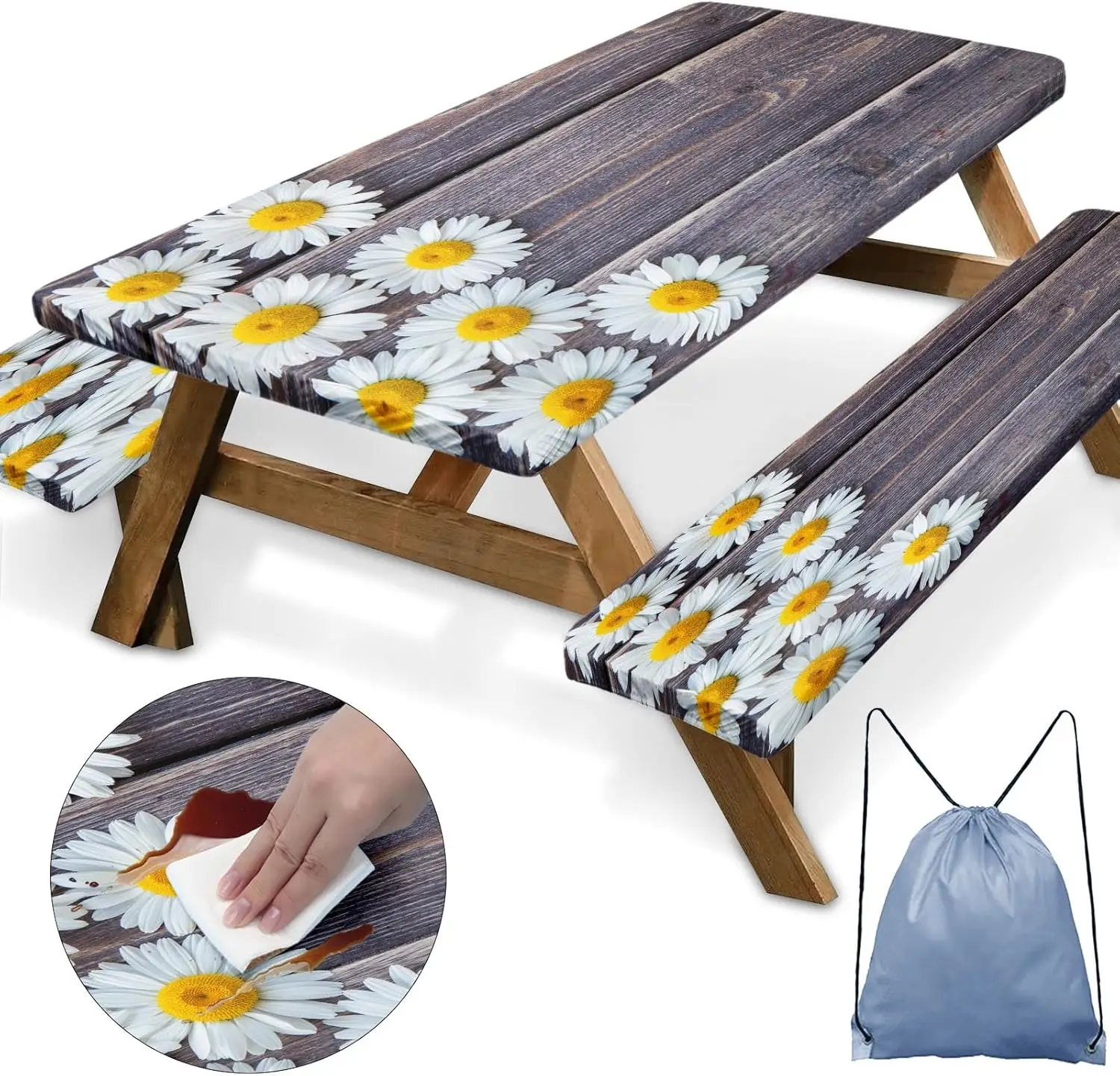 

60" Picnic Table & Bench Covers Set, Chamomile, Waterproof, Elastic Edges, Outdoor Camping Essentials