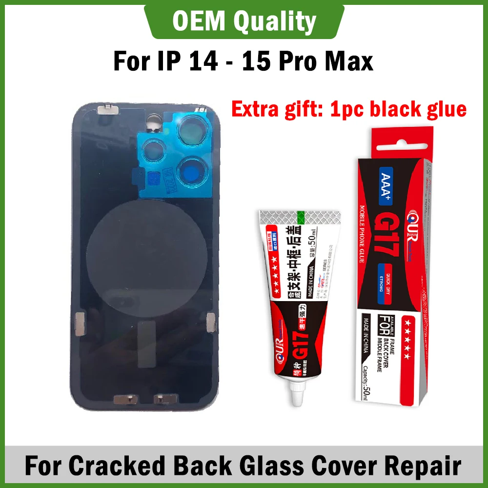 Back Glass Cover With Pre-install Metal Plate Replacement for 15 Pro Max Broken Rear Housing Repair