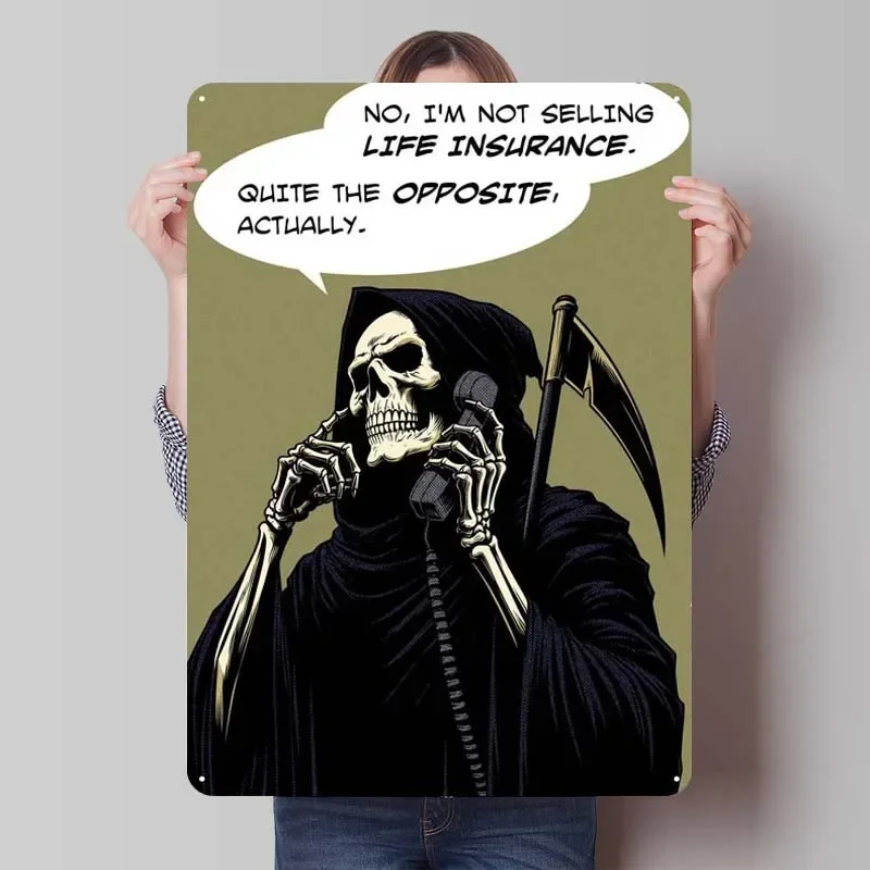 Grim Reaper Life Insurance Comics Metal Poster Art of Murals Vintage Funny Metal Tin Sign Plate for Wall Decoration House Decor