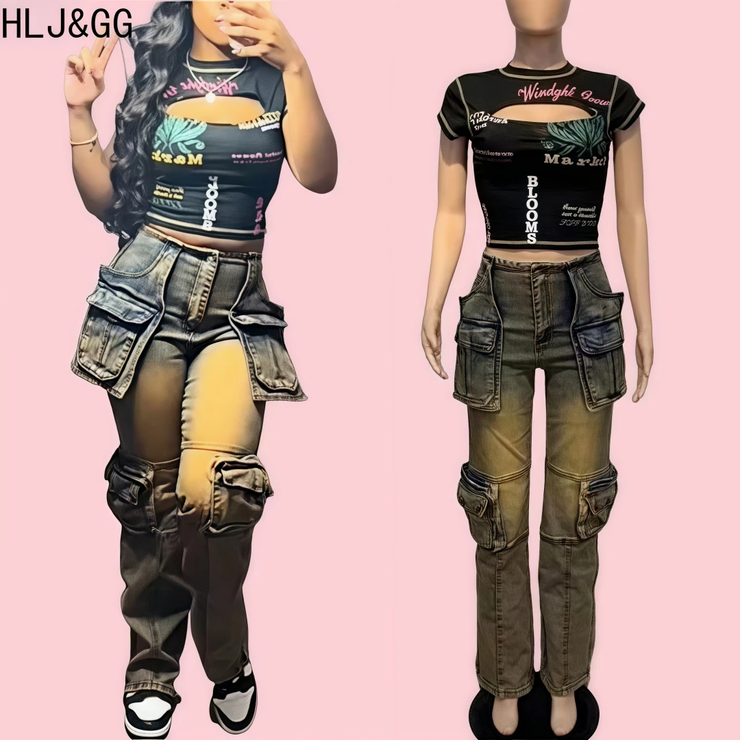 

HLJ&GG Y2K Fashion Punk Cargo Jean Pants Two Piece Sets Women Hollow Short Sleeve Slim Crop Top + Straight Denim Pants Outfit