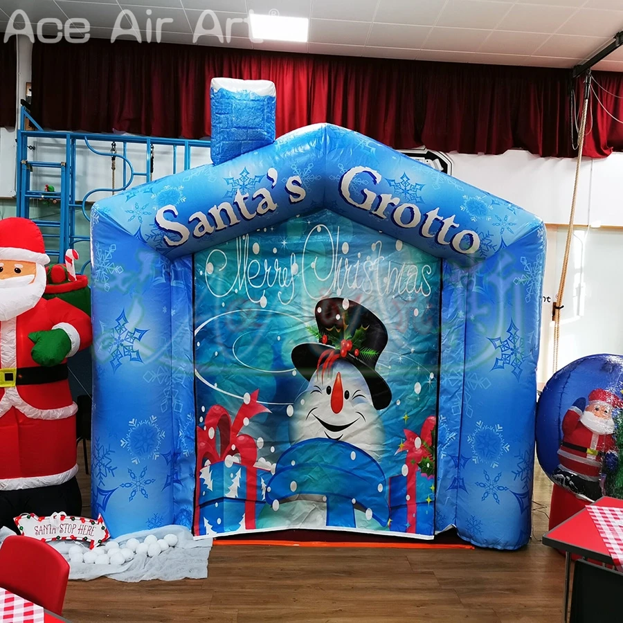 インフレータブルクリスマステント サンタの洞窟 ブルー カスタムクリスマススノーハウス 印刷された雪だるまの暖炉付き ギフト配布用