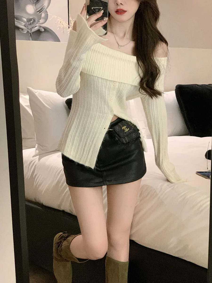 Coupe ample paresseux Sle une épaule doux tricoté blanc pull femmes hiver nouveauté haut de gamme longue Sve haut tricoté haut