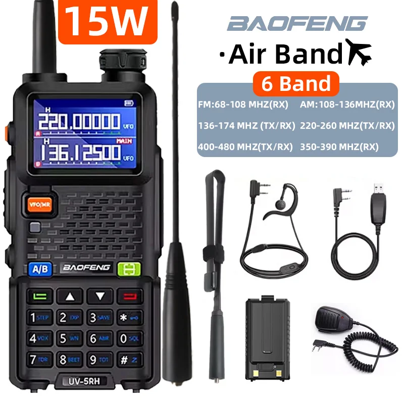 Baofeng Handheld Walkie Talkie UV5RH 15W 6000mAh Six Band Wireless Replication Frequency 999CH Supports Type-C Charging HAM, 10K