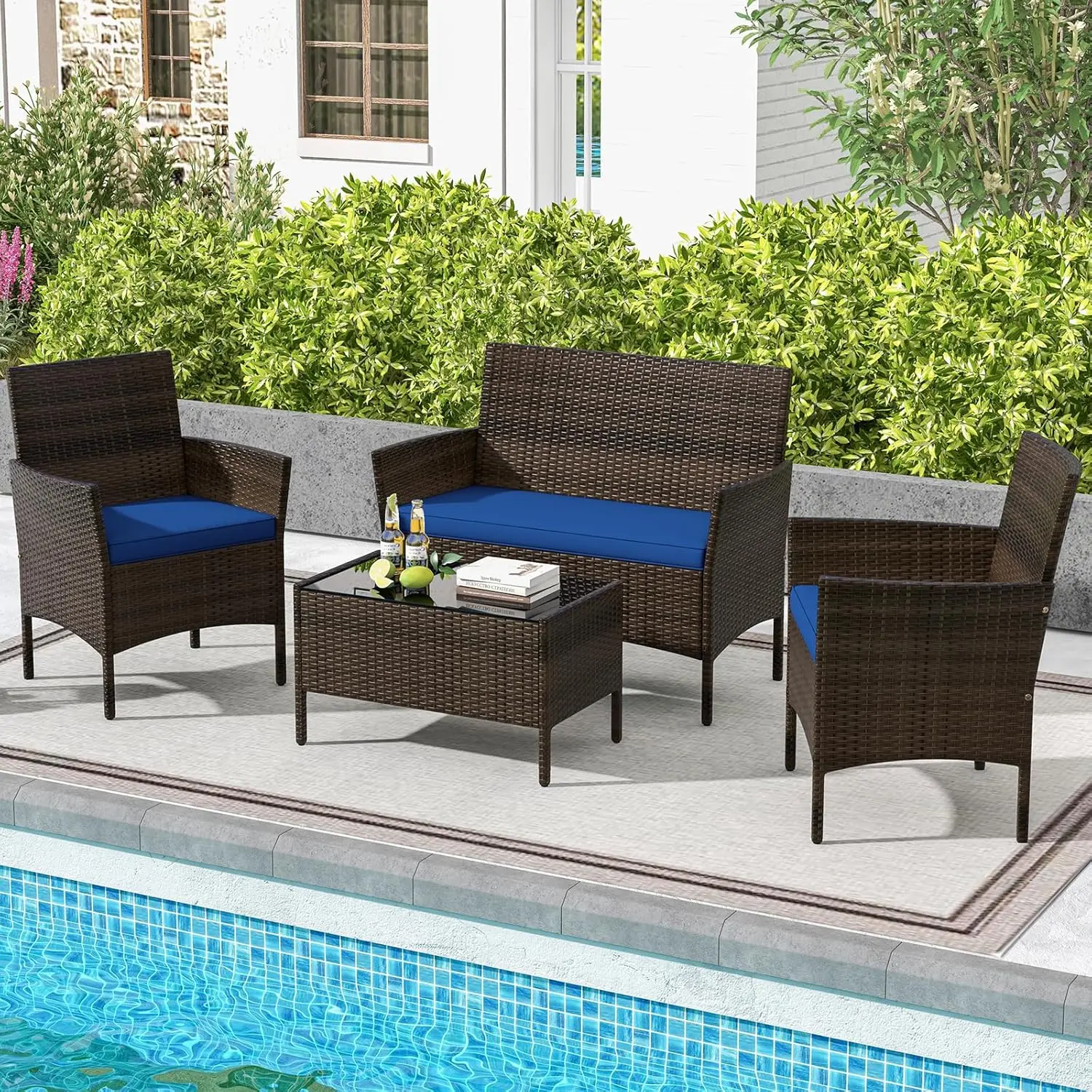 4 Pieces Outdoor Rattan Conversation Set, Patio Wicker Furniture Set with Loveseat Chairs & Tempered Glass Coffee Tab