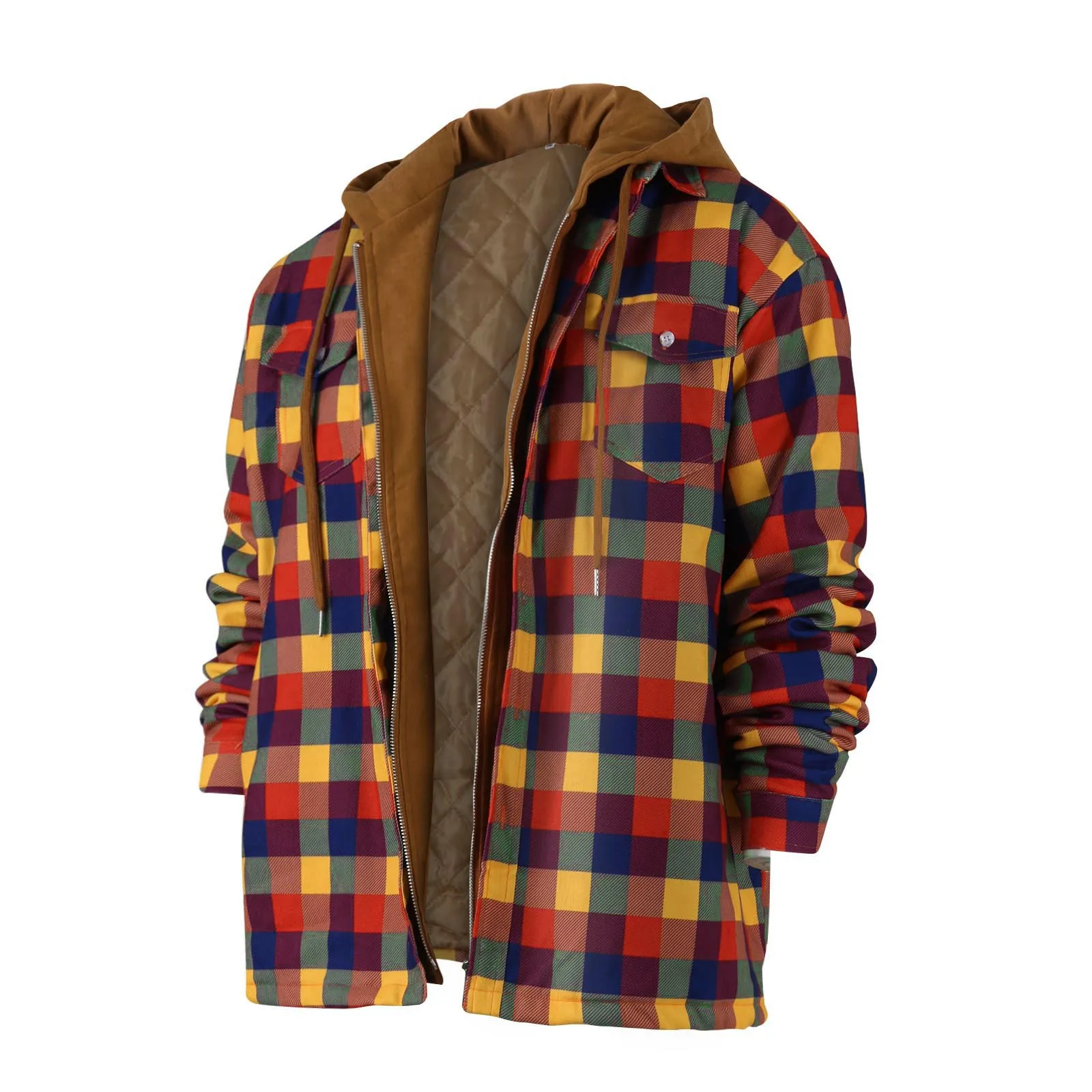 Herenoverhemden Patchwork Dikke Fleece Gewatteerde Gevoerde Jas Lange Mouwen Capuchon Camisas De Hombre Jas Winter Plaid Flanel