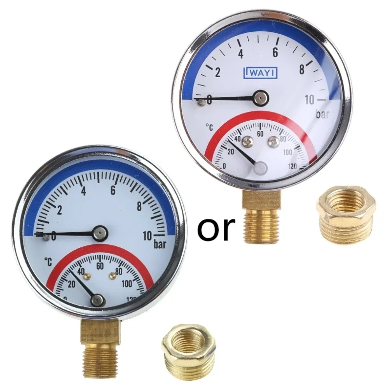 G1/G1/2 Thread Temperature & Pressure Gauge 0-120 ℃ 0-10 Bar Mearsuring Fitting- for Floor Heating System