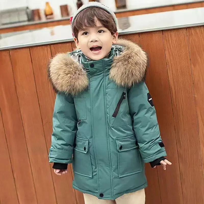 4-12Years Winter Boys Jacket Big Fur Collar Solid Color Handsome Thick Warm Hooded Trench Coat For Kids -30℃ Snowsuit Outerwear