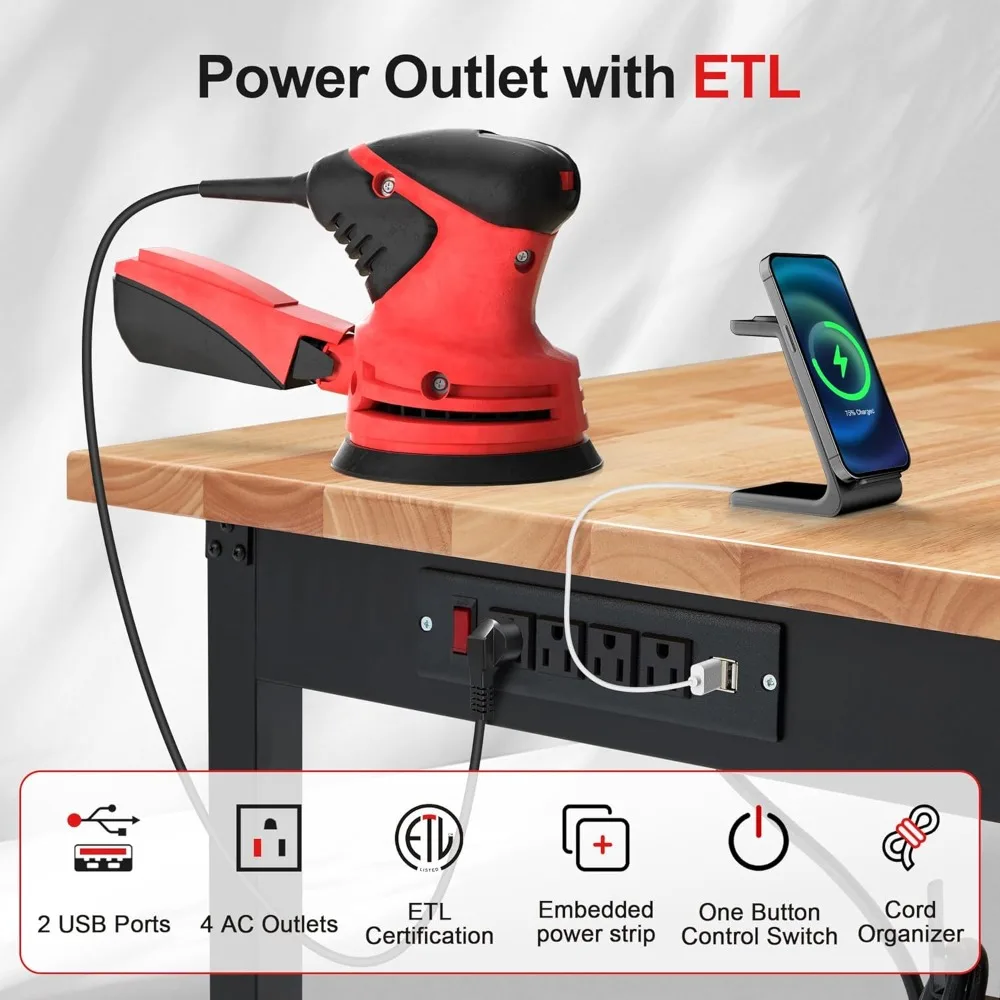 منضدة عمل قابلة للتعديل بسعة 2000 رطل للخدمة الشاقة مع منافذ طاقة، سطح خشبي مطاطي لاستخدام المرآب ورشة العمل