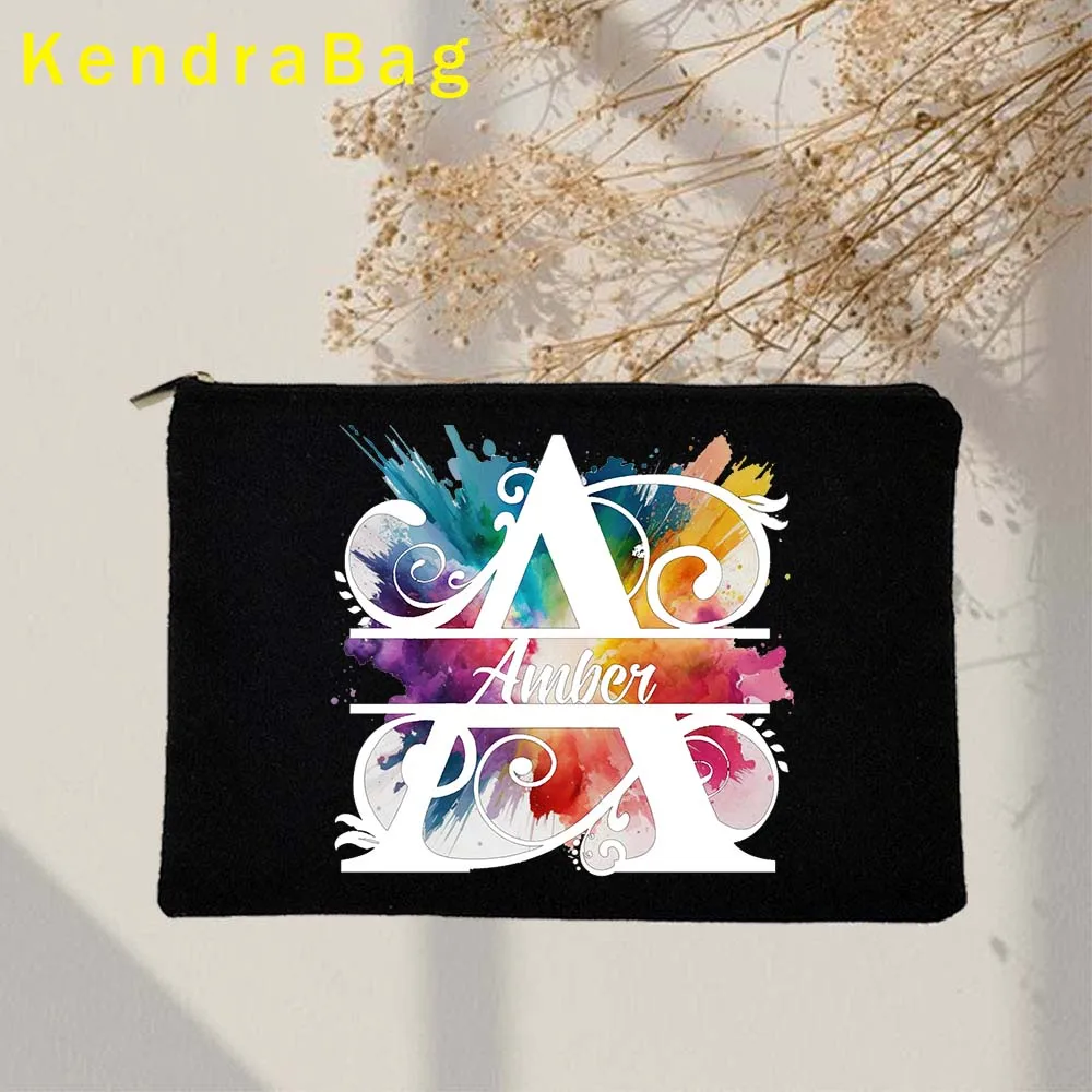 Initial Letter Floral Alphabet Name Bright Rainbow Monogram Wedding Black Canvas Cosmetic Makeup Bags Pencil Case Wallet Pouch