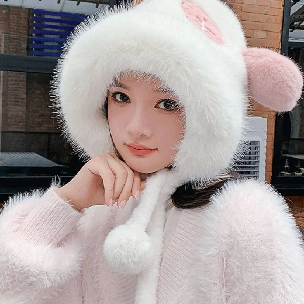 Outdoor Plush Panda Ear Hat Thickened Winter Warm Bucket Hat Windproof Bomber Ha for Woman Girls