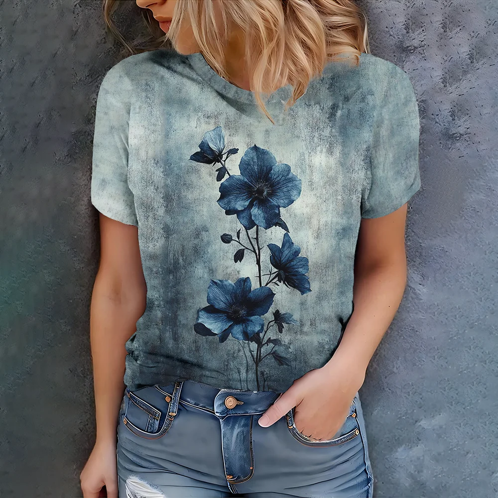 

Fashionable women's T-shirt with 3D pattern short sleeved round neck top, summer outdoor casual street women's clothing