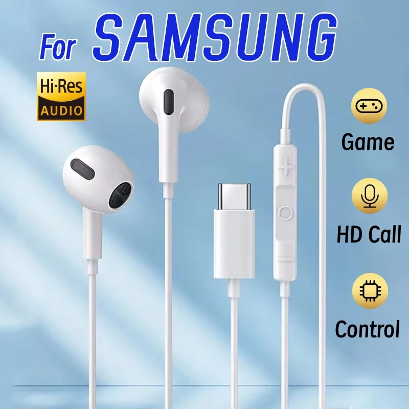Original Type C Wired Earphones For Samsung Galaxy S25 S24 S23 S22 S21 Ultra NOTE 20 3.5mm In-ear Earbuds with Mic Headphones
