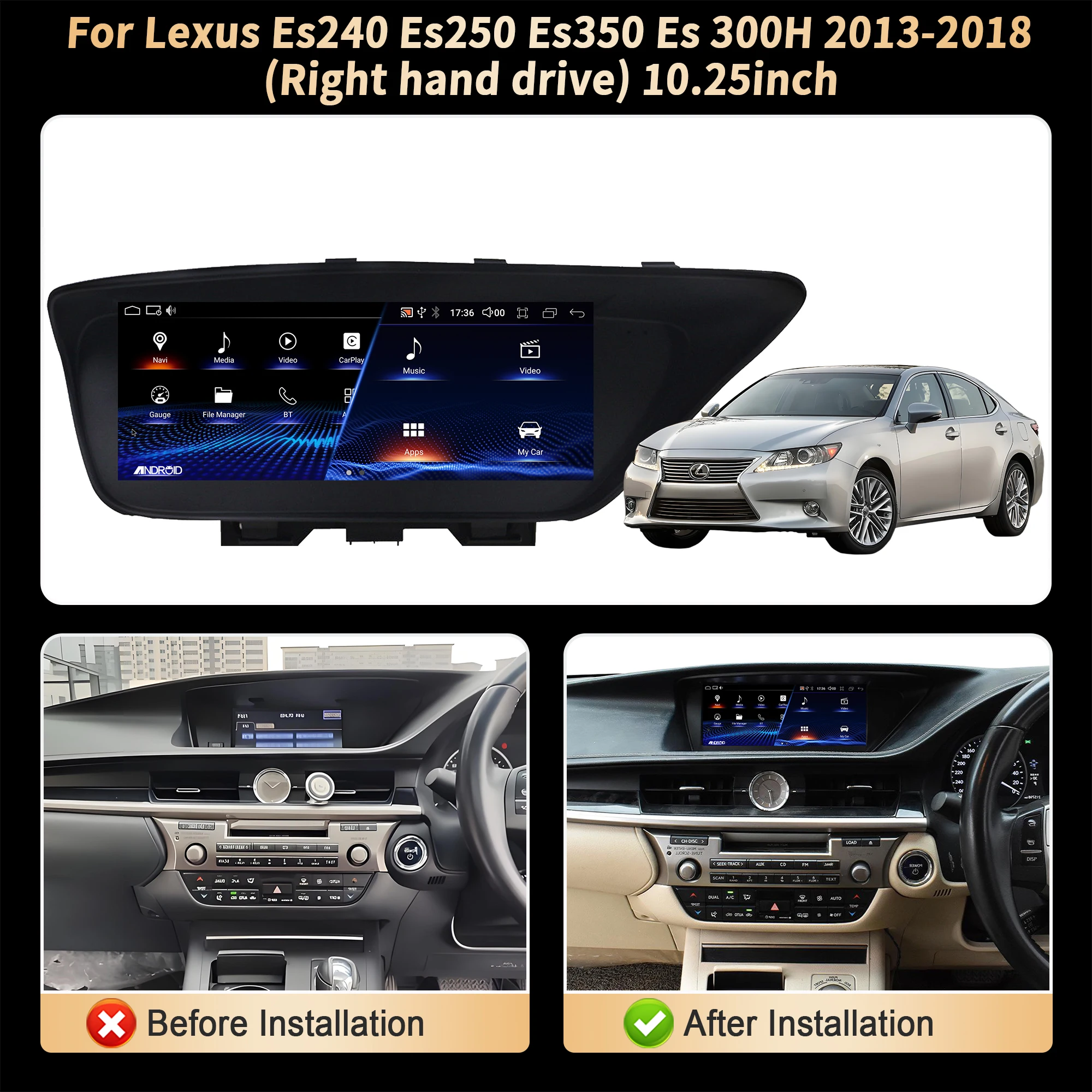 10.25 inch Right hand drive For Lexus Es240 Es250 Es350 Es 300H 2013-2018 Car Radio BT CarPlay Multimedia Snapdragon 680 Screen