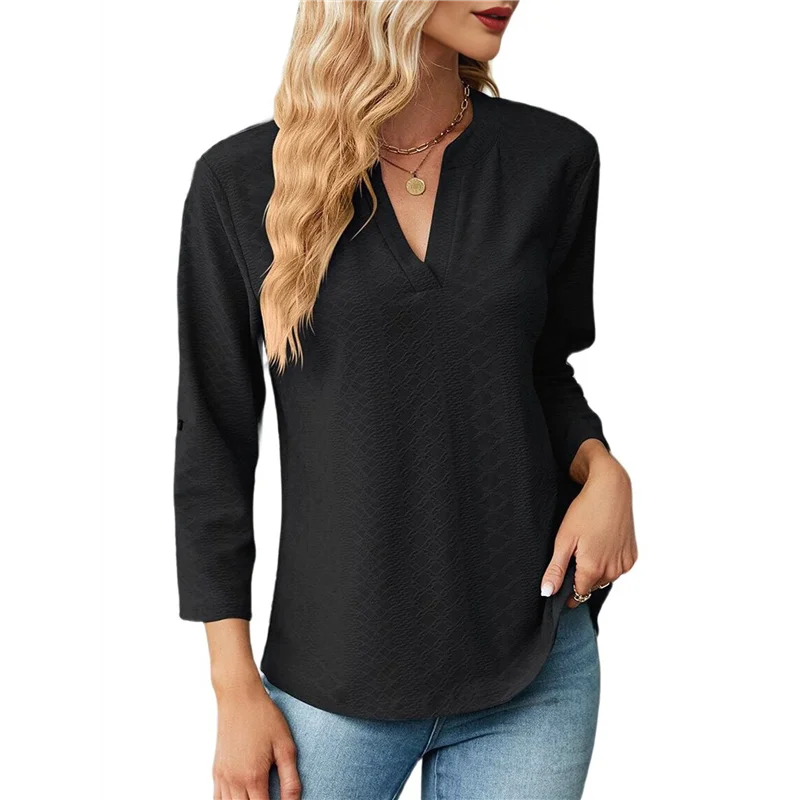 

FX-Blouses For Women Dressy Casual 3/4 Length Sleeve Womens Tops V Neck T Shirts With Roll Up Sleeve