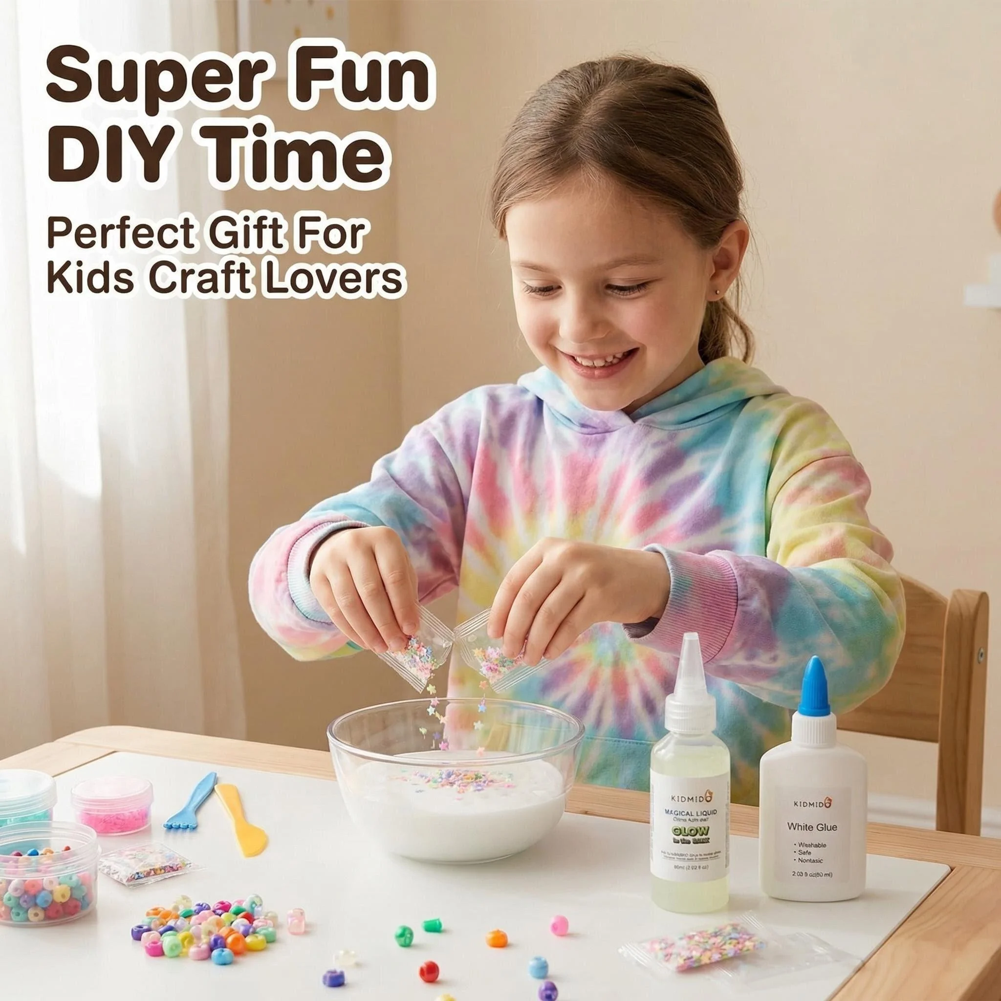 

Набор слизи KIDMIDO-Milky Way DIY, включает люминесцентный волшебный жидкий активатор слизи, белый клей и красочные звезды.