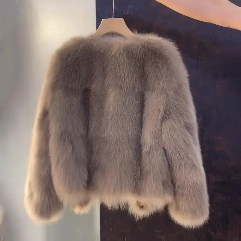 New Korean Version Small Fragrant le Imitation Leather Imitation Fox Fur Grass Jacket Short Style Cotton Clip Autumn Winter