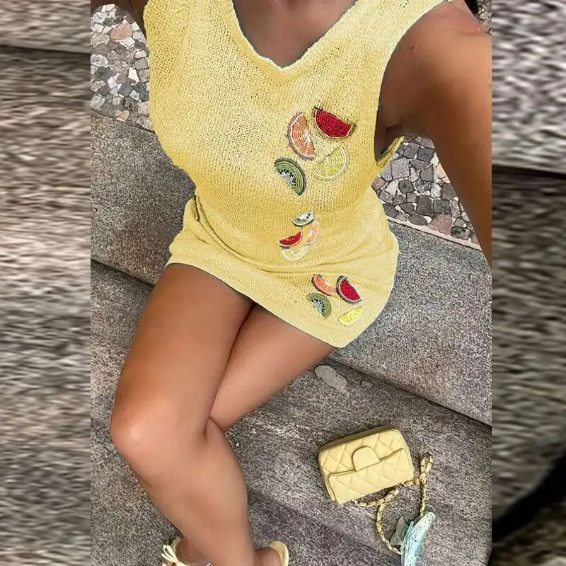 المرأة س الرقبة محبوك سليم البسيطة الصيف الجوف خارج أكمام الشاطئ التستر اللباس الفاكهة التطريز سترة فساتين قصيرة جديد
