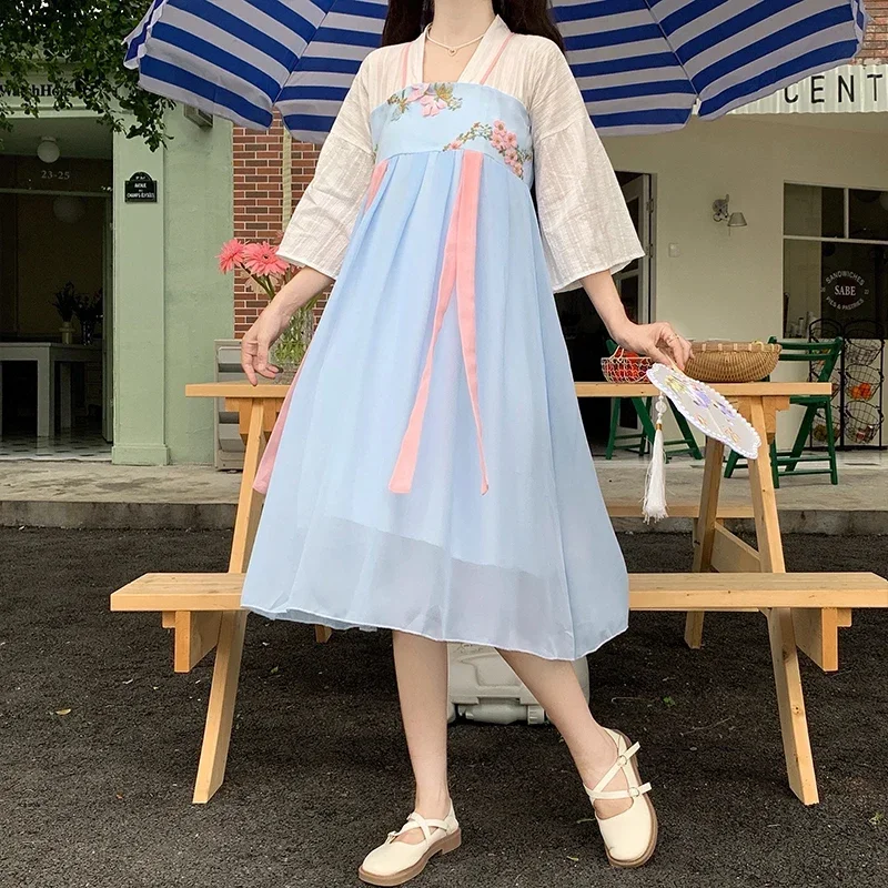 

Chinese Improved Hanfu Dress Summer New Female Embroidery Ancient Style Costume Fairy High Waist Chiffon Quarter Sleeve Vestidos