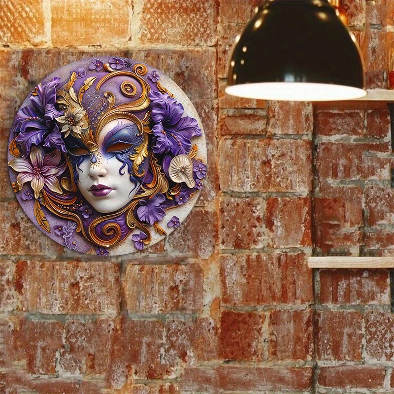 Venice Festival Mask Metal Sign, Durable Circular Aluminum Decoration, Exclusive Crafted by Wood for Home or Office Decor