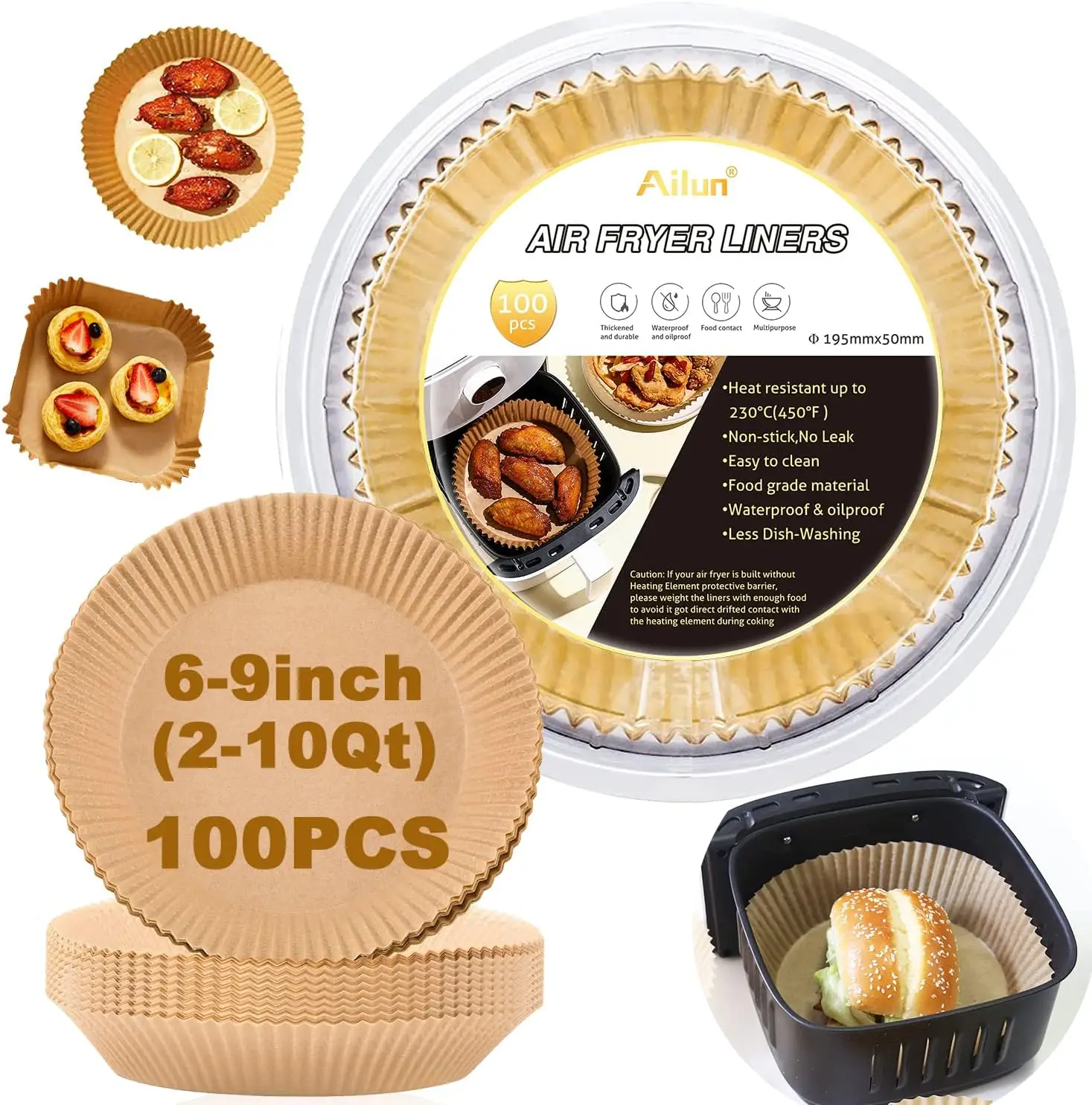 

Ailun Air Fryer Paper Liners 8inch, 100PCS Non-Stick Parchment Paper,Oil Resistant,Disposable Food Grade Free of Bleach Paper Ro