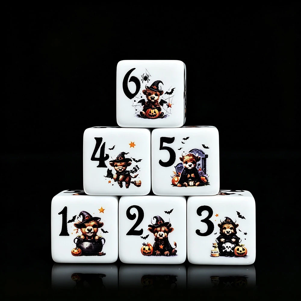 12Pcs 16MM D6 Acrylic Dice Cute Halloween Teddy Bear Pumpkin Bat Print DND RPG Tabletop Gaming Dice For Role‑Playing Board Game