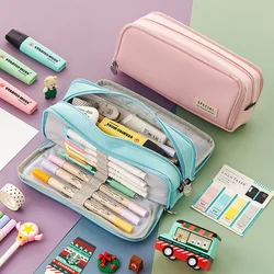 Angoo Dual Side Open Pen Case Pencil Bag 3 Compartments Grid Dots Pocket Storage Pouch Stationery School A6899