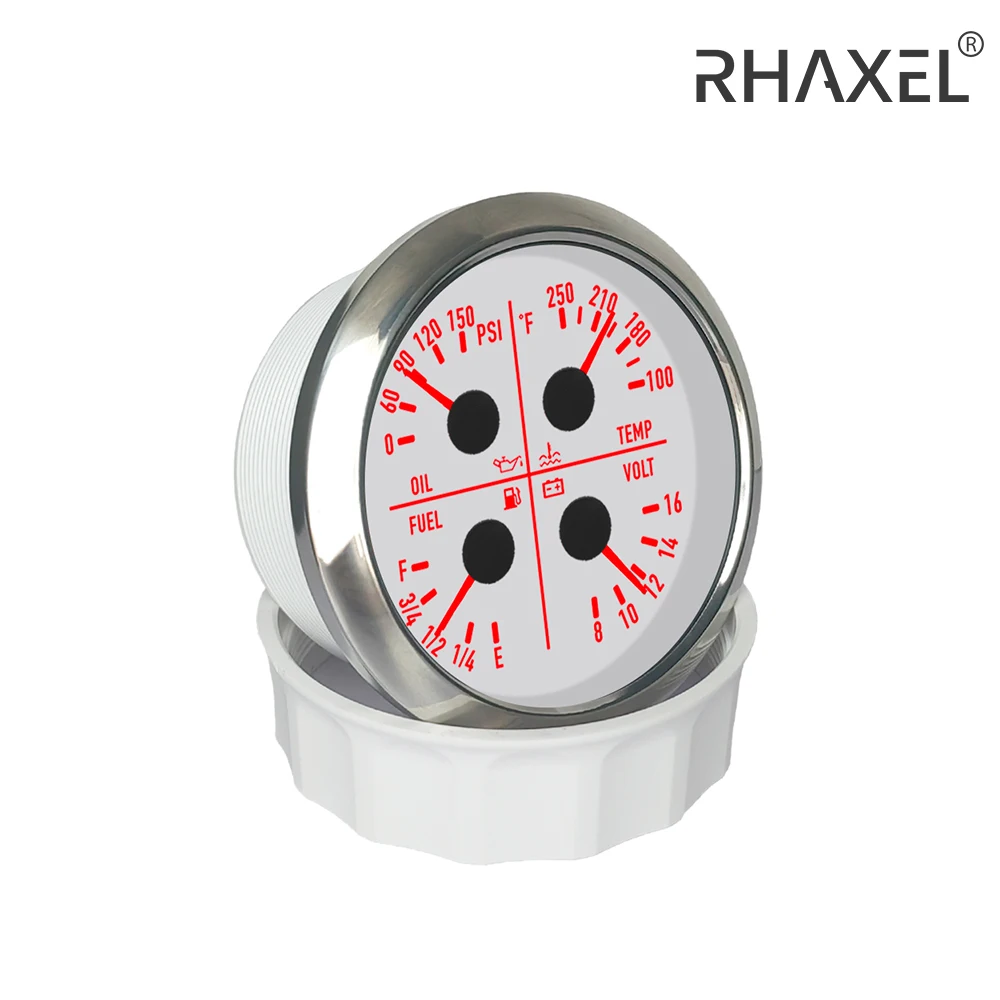 RHAXEL 80mm 4in1 Fuel Level Oil Pressure Gauge 0-150PSI Water Temp. Voltmeter 12V 24V with 7 Colors Backlight for Car Vessels