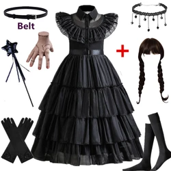 Wednesday Addam Dress for Girls 3-10 Yrs Halloween Party Black Gothic Cosplay Costume Summer Kids Clothes Daily Casual Outfits