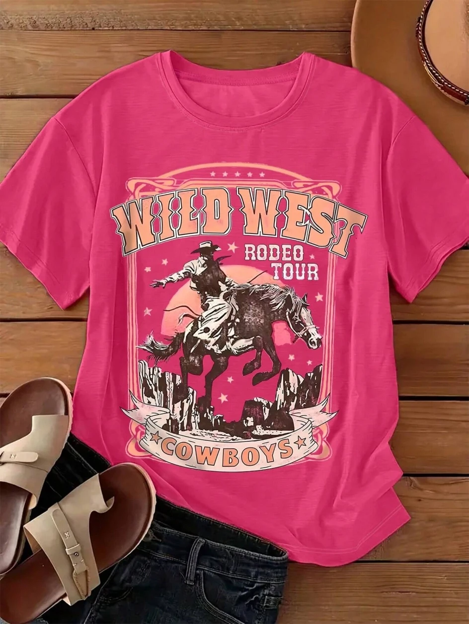 Wild West Cowboys Printing Women T-Shirt Casual Loose Crewneck Short Sleeve Tops Fashion Breathable Tees Summer Street Clothes