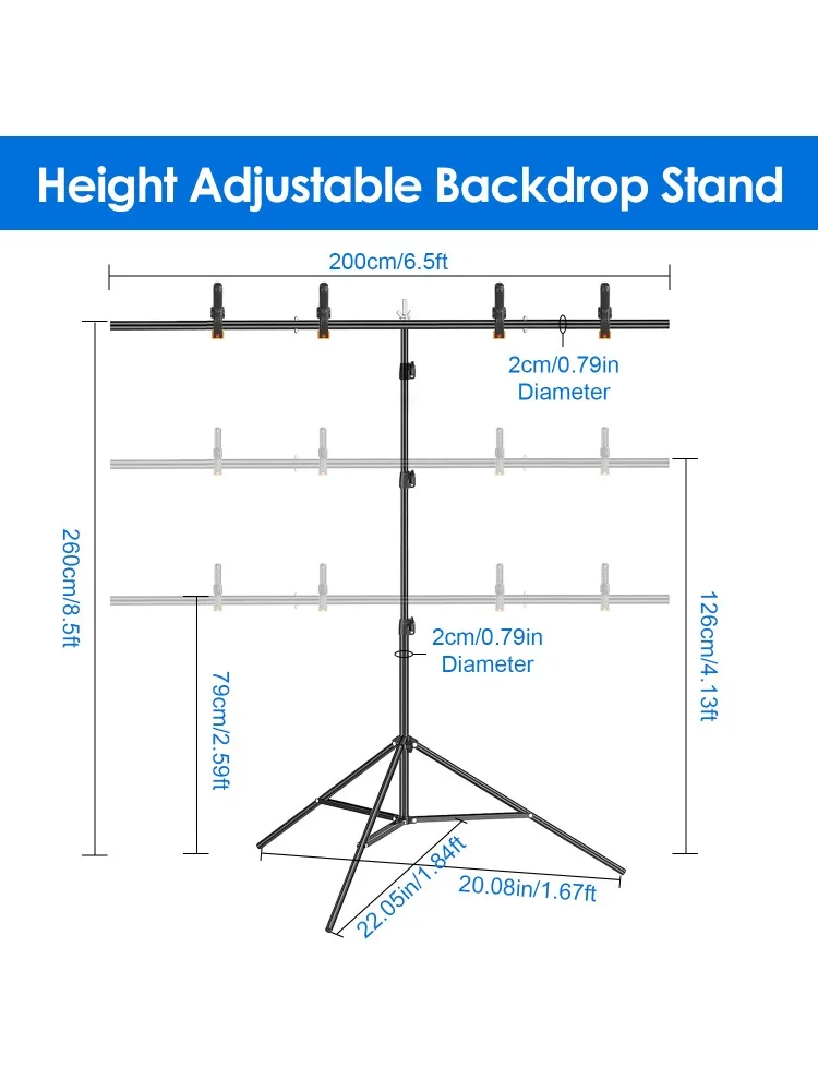 T Shape Adjustable Photography Backdrop Stand with 6 Spring Clips Sandbag Carrying Bag for Studio Party Wedding