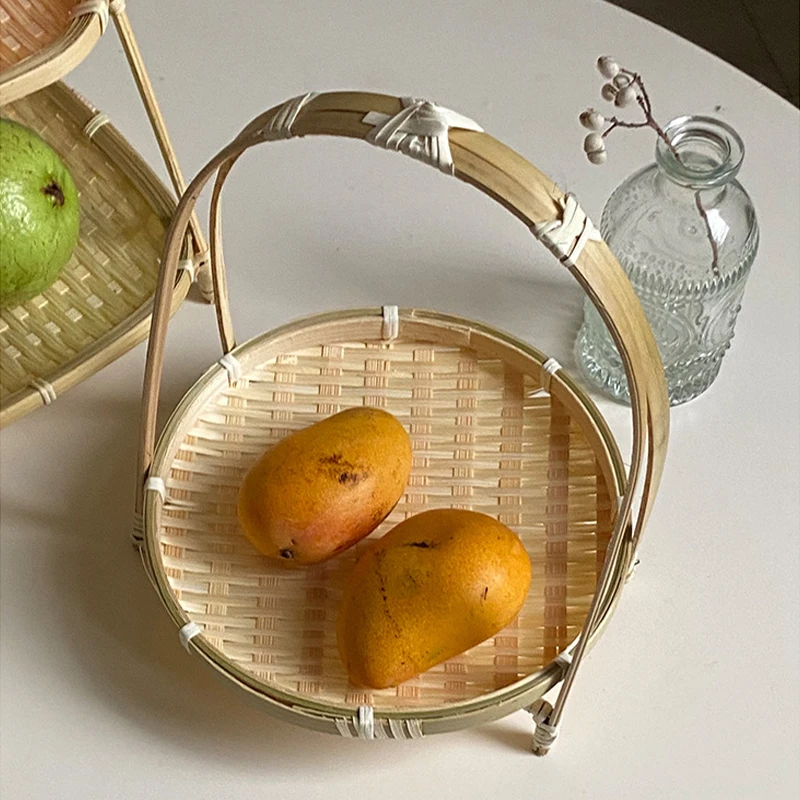 1/2/3 Layer Handwoven Fruit Basket Food Standing Tray Bread Snack Dessert Bamboo Serving Tray Home Kitchen Storage Basket