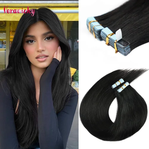 Imagen 1 del producto Cinta de cabello Veravicky en extensiones de cabello cabello humano Natural interfaz pequeña 4x0,8 cm trama de piel Remy 20 piezas 16-24 pulgadas para cabello fino