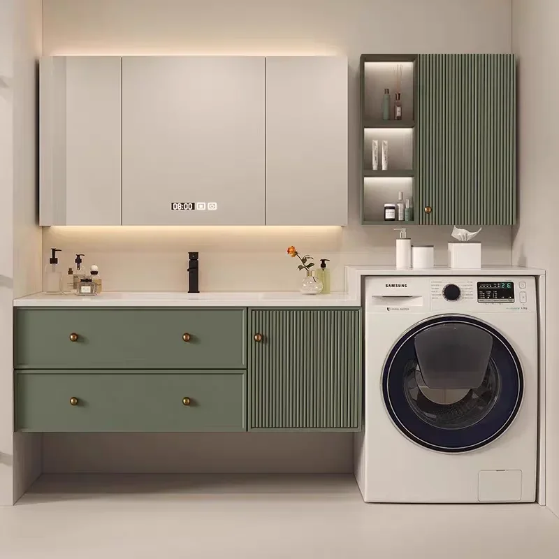 Balcony washing machine cabinet, ceramic integrated hand washing basin cabinet