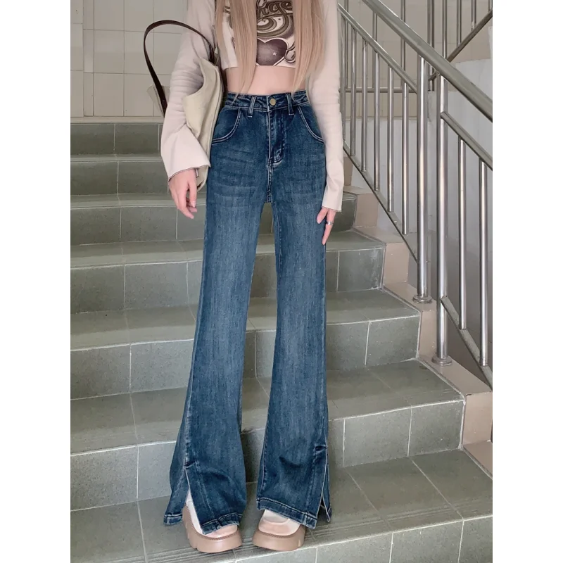 

Vintage Blue Jeans Women Split Pants High Waisted Baggy Pants American Fashion Streetwear Denim Summer Straight Wide Leg Trouser