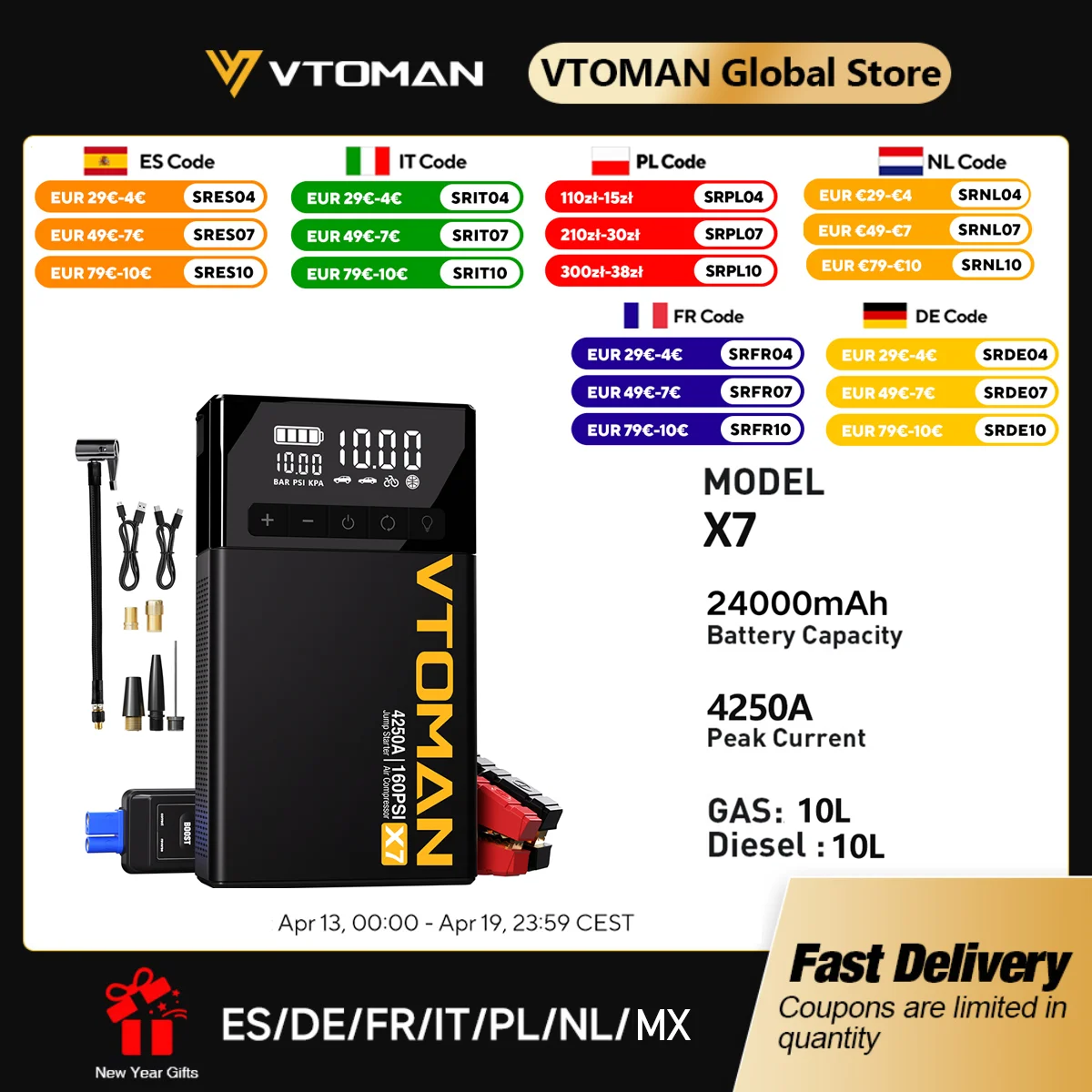 VTOMAN X7 Démarreur de saut de voiture 4 en 1 4250A - Compresseur d'air 160 PSI, Booster de batterie de voiture 12 V et batterie externe portable