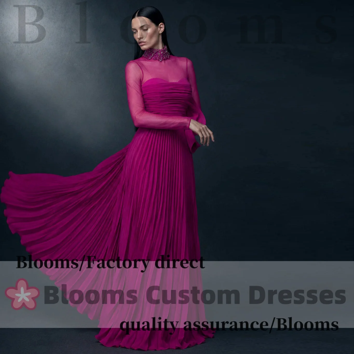 Customized High Rhinestone Neck Fuchsia Sheer Long Sleeve Formal Evening Dress Sweetheart Pleated Chiffon Elegant Party Dress