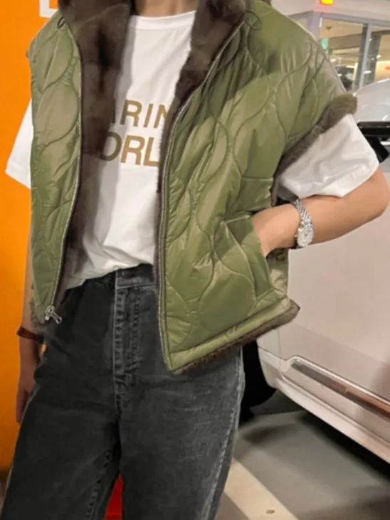 

Chic Double-Sided Wear Leather Vest Design Sensation Women's Cotton Jaet Korean Sle Faionable Outerwear Regular Length