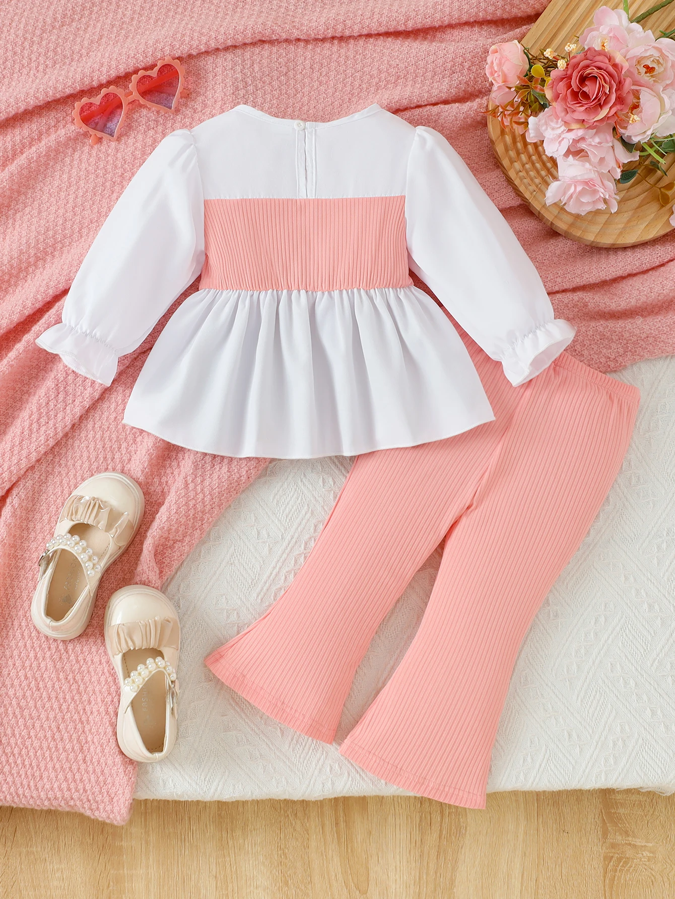 Children's Color Block Two-Piece Set Sweet Princess Style Long Sleeve Ruffle Cuff Blouse Skirt Design Striped Pants