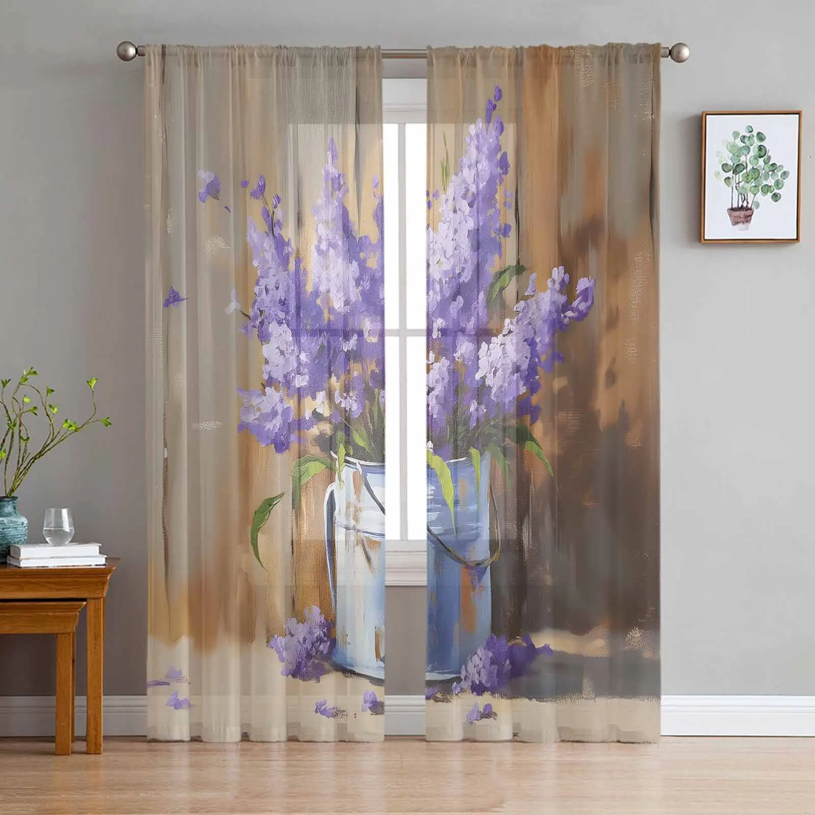 Oil Painting Purple Lavender Iron Bucket Curtains For Living Room Bedroom Kitchen Decoration Window Tulle Curtain