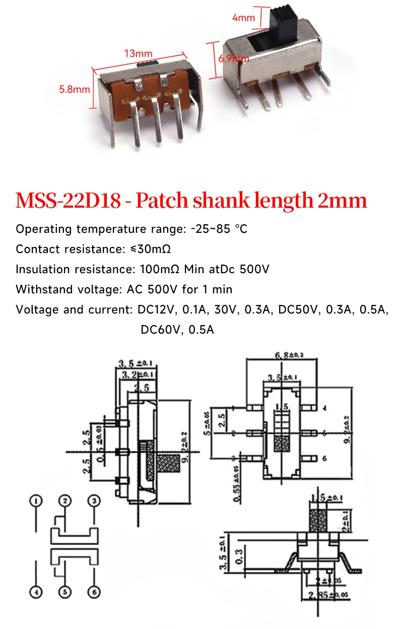 5 Stück Mini-SPDT-Schiebe-Kippschaltergriff 3/5mm MSS-22D018 SS-12D00 SK-22D07 MSK-12C02 SS-12F44 MSK23D19 - Elektronisches Bauteil – Detail 13