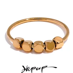 Yhpup Stainless Steel Square Beads Ring Women Fashion Thin Metal Gold Silver Color Summer Rust Proof Finger Jewelry Anneaux