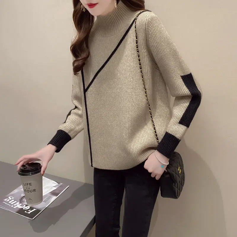 Women\'s Half High Neck Striped Fashion Sweater Autumn and Winter Loose Pullover Patchwork Long Sleeve Casual Knit Bottom Tops