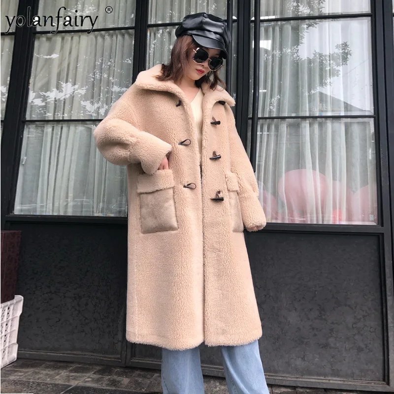 10% Wool Fur Coat Women's Cow Horn Button Granular Sheep Sheared Fleece Fur Jacket Women Mid Long Composite Fur Clothes FCY5035