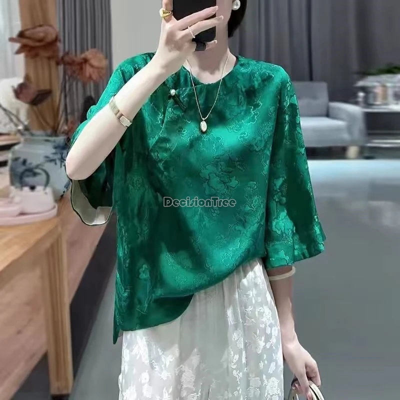 

2024 vintage jacquard chinese style women patchwork top improved diagonal buckle round neck qipao top daily leisure loose blouse