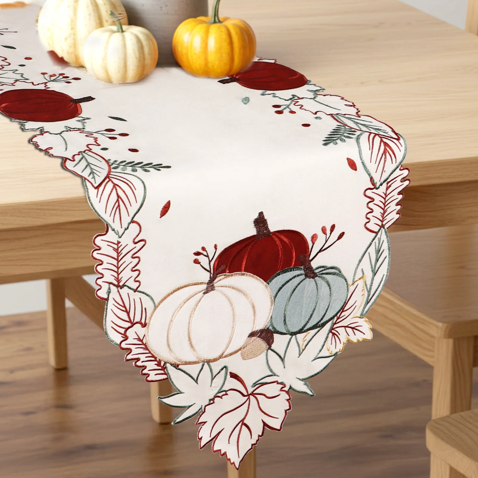 1pc Autumn Table Runner, Embroidered Pumpkin Fall Table Decor for Thanksgiving, Farmhouse Dining Room Centerpiece