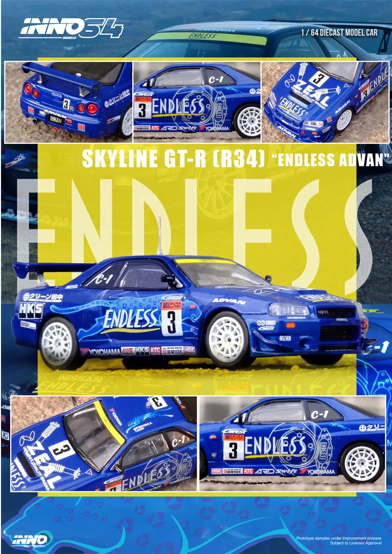 

INNO 1:64 SKYLINE GT-R R34 #3 "ENDLESS ADVAN" Super Taikyu Series 2002 Blue Die-Cast Car Model Collection Miniature
