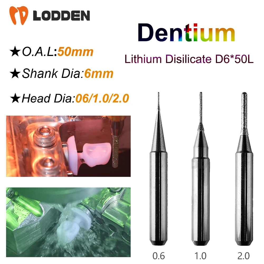 Dentium Dental Milling Burs Grinding Lithium Disilicate D6 Shank Drill Coating 50mm Length 2.0/1.0/0.6MM Dental Grinding Tool