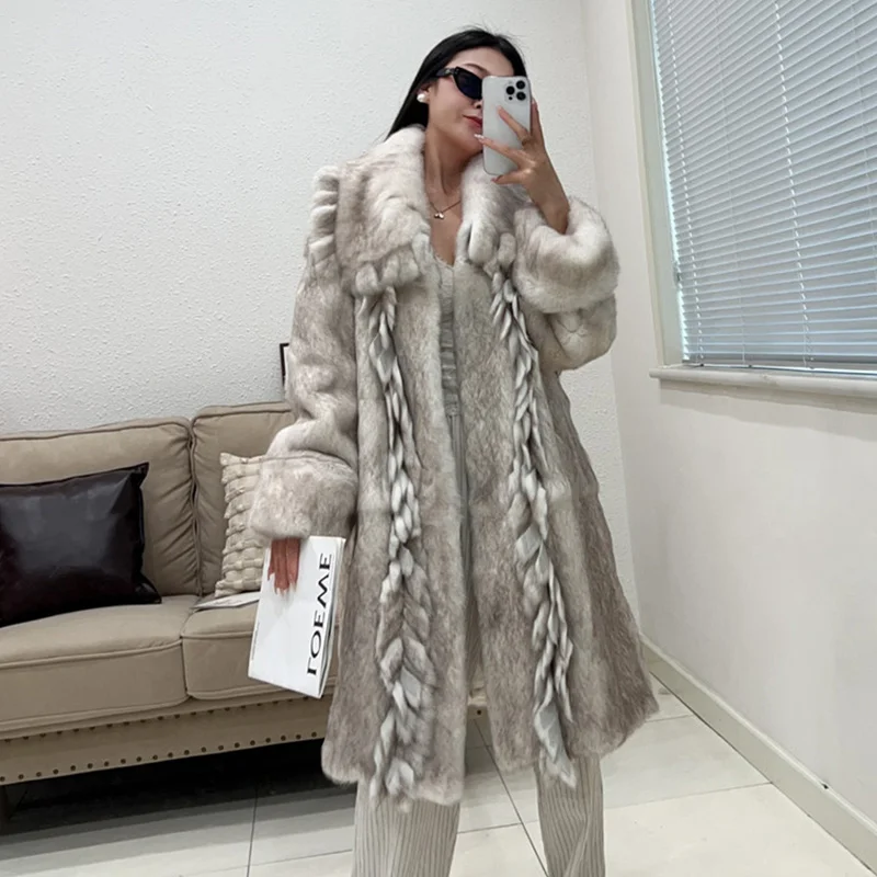 2026 Neue Elegante Winter Natürliche Kaninchenfell-Jacke Echtes Leder Pelzmantel für Damen mit Fransen und Quasten Damenoberbekleidung