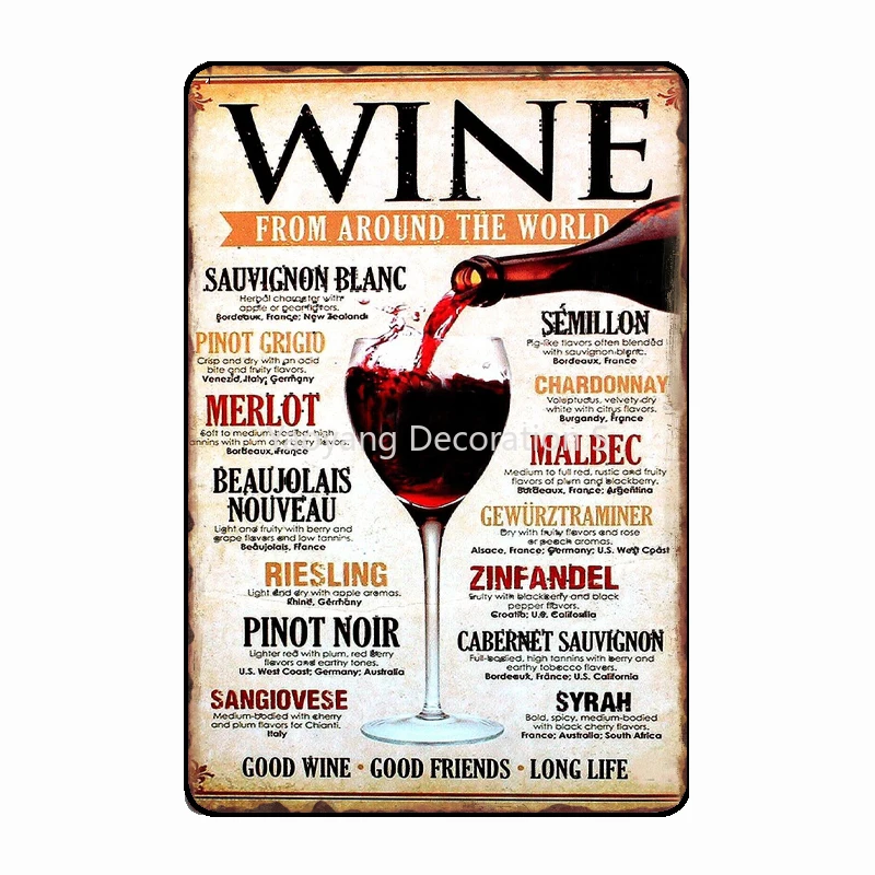 

WINE AROUND THE WORLD Metal Tin Signs Vintage Retro Pub Home Bar Man Cave Garage Shed Beer Sign