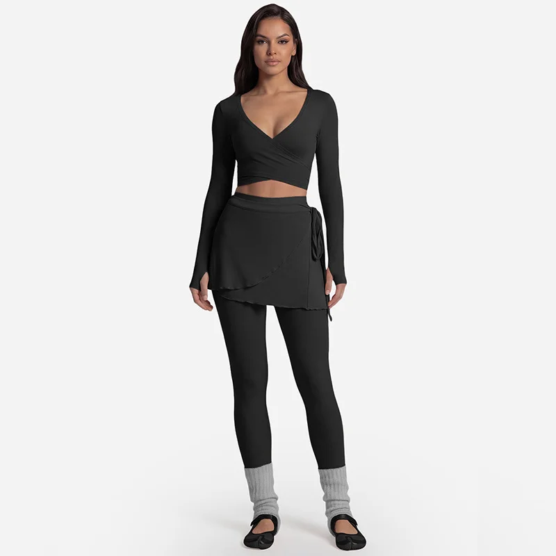 Long Sleeve Yoga Top Cross Front Ballet Core Workout Set Tie Back Sports Top Women Gym Dance Pilates Fitness Clothes 6
